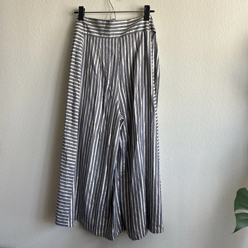 Anthropologie Eva Franco Blue White and Gold Striped Wide Leg Pants Size 0 - Picture 8 of 8